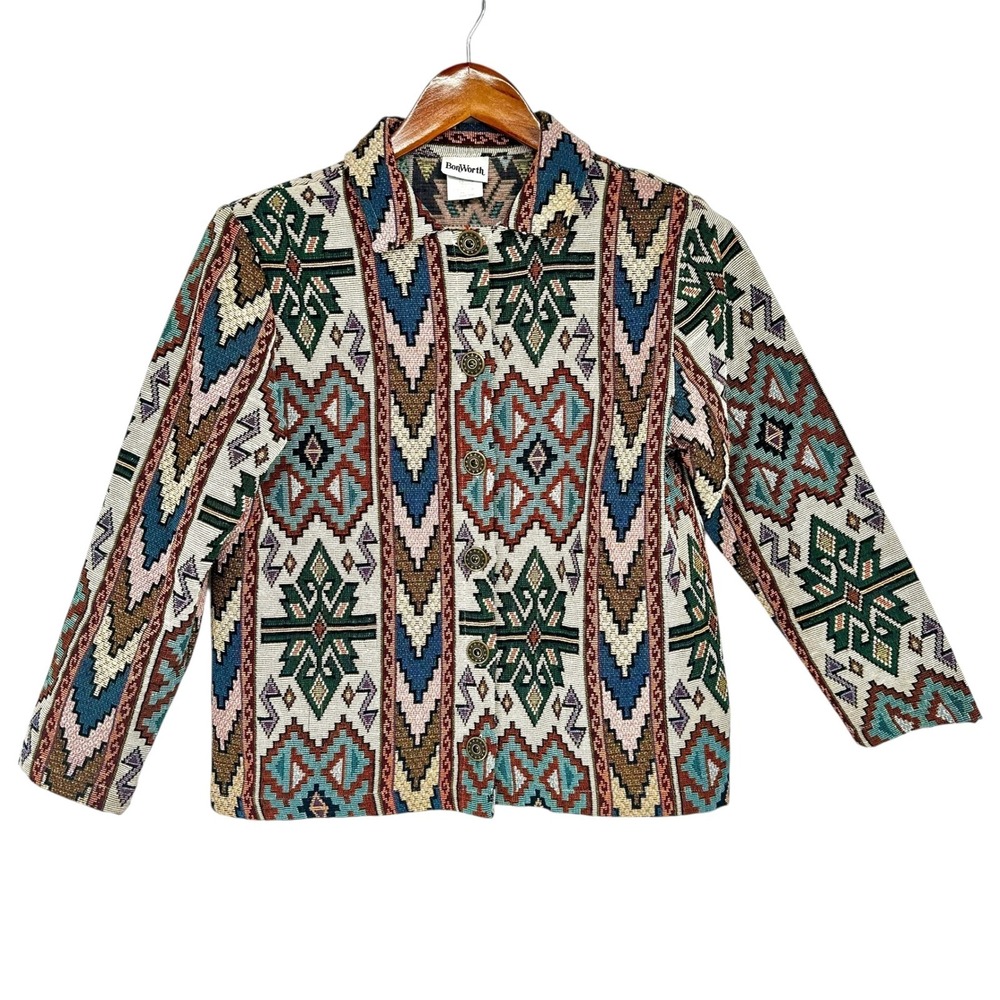 Vtg 90s Chico's Design Jacket Sz 2 (L/XL) Cotton Tapestry Southwestern Geometric